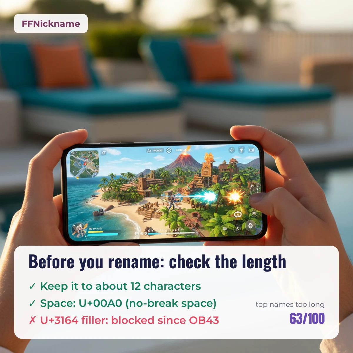 Phone running Free Fire with a checklist: keep FF nicknames to about 12 characters, use U+00A0, avoid U+3164
