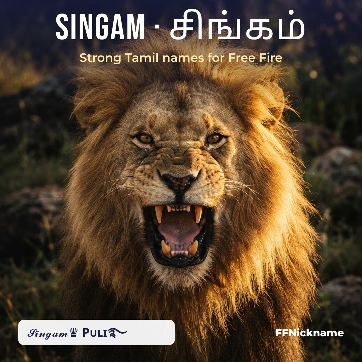 FF nickname Tamil: Singam, the Tamil word for lion, as a Free Fire name style