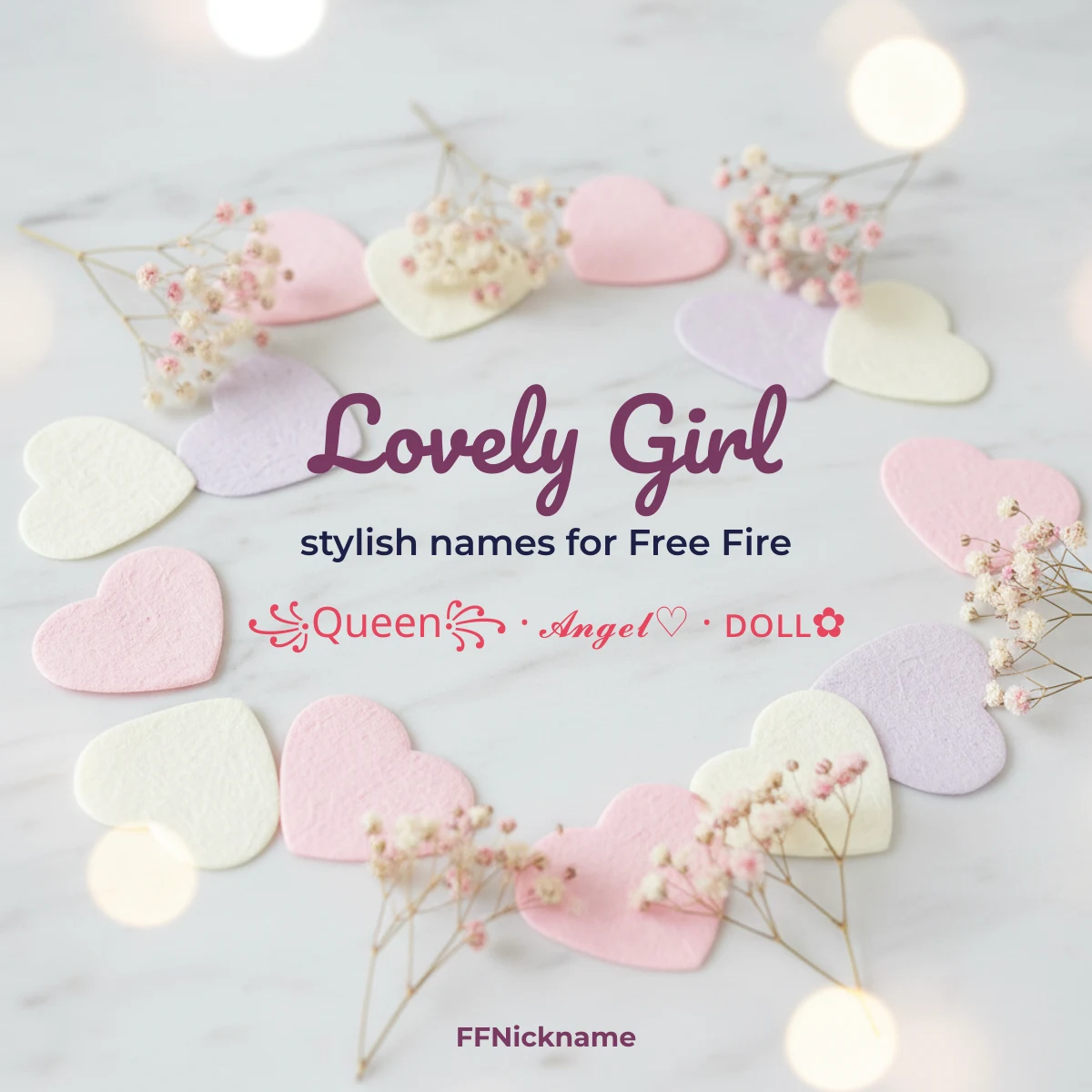 Lovely girl stylish name ideas for Free Fire with hearts and bows